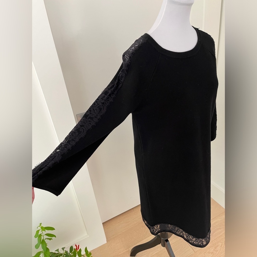 MILLY Little Black Dress Boat Neck Lace Detail Hem & Sleeves Cocktail Event Chic
